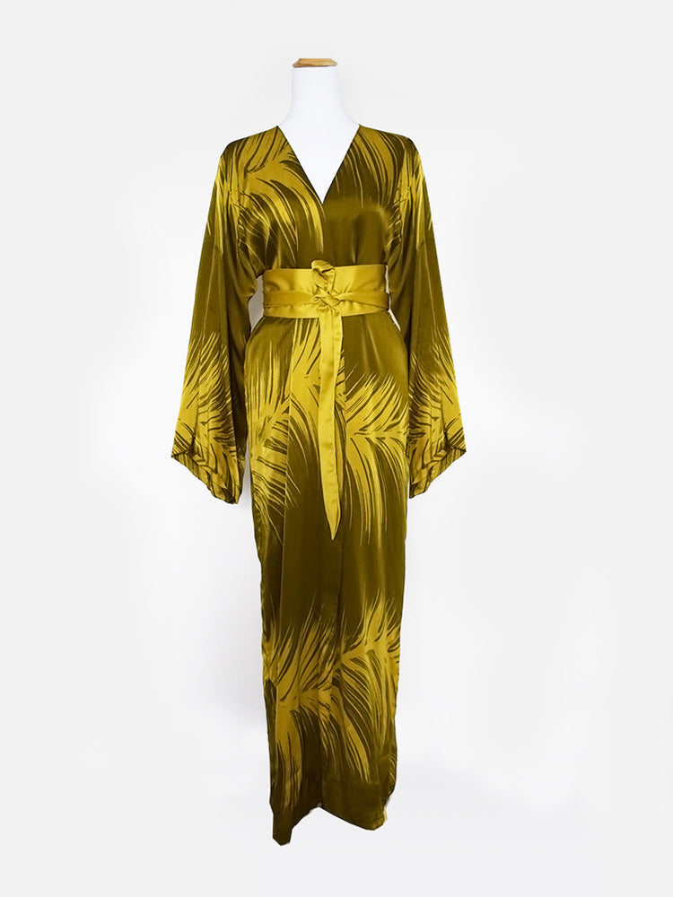 
                  
                    Plume Silk Satin Long Kimono in Olive Green
                  
                