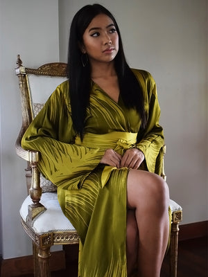 Plume Silk Satin Long Kimono in Olive Green Suria Artisan Batik Plume Silk Satin Long Kimono in Olive Green Suria Artisan Batik