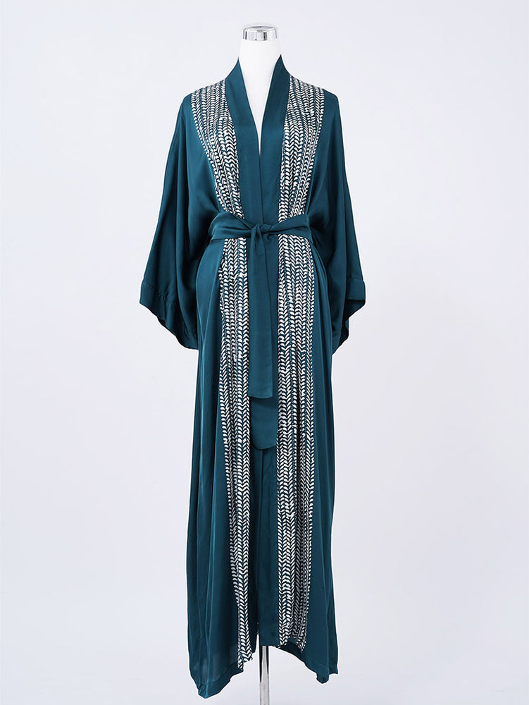 Daun Daun Motif Long Silk Robe in Teal