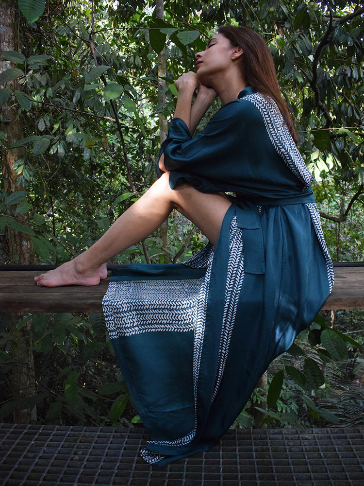 
                  
                    Daun Daun Motif Long Silk Robe in Teal
                  
                