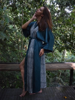 
                  
                    Daun Daun Motif Long Silk Robe in Teal
                  
                